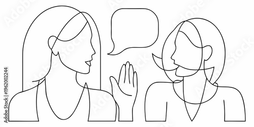 Two women engaged in conversation illustrated with simple line art style