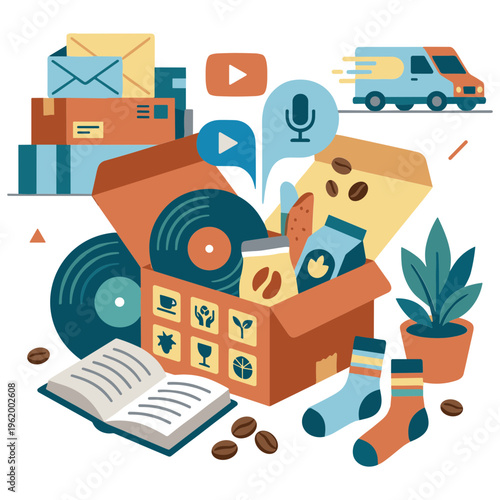 A colorful illustration of a box overflowing with various items like records, books, coffee beans, and clothing, surrounded by symbols and objects.