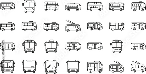 Collection of black and white public transportation vehicles icons set, urban mobility vector illustration