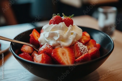 Strawberries with cream dessert in bowl close up