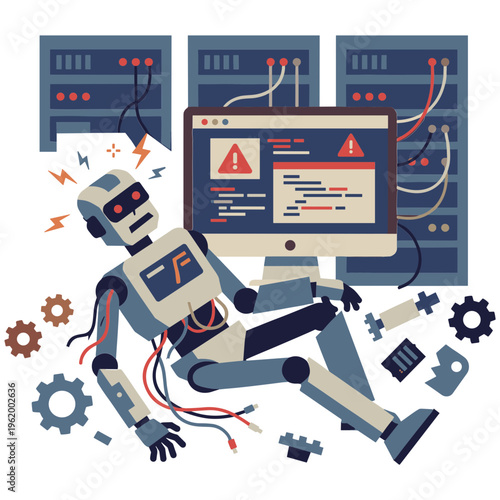 Robot suffers system failure in server room with computer screen and tools