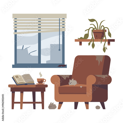 A cat sleeps on a worn brown armchair next to a wooden table with a book and coffee cup by the window.