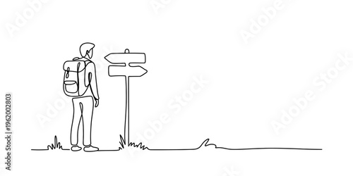 Continuous line drawing of a traveler with a backpack standing in front of a wooden signpost.