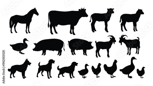 Collection of farm animal silhouettes including horse cow goat and poultry