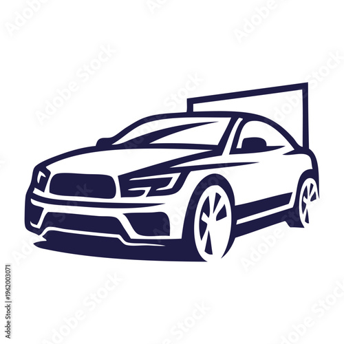 Logo concesionario de coches. Dibujo con líneas de la vista en perspectiva de un vehículo de lujo, con un cuadrado de fondo 