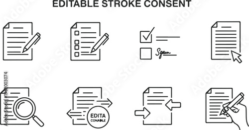 Editable stroke consent form icons with document approval and digital signature process flat design