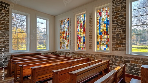 Serene Chapel Interior with Stained Glass  Autumn Scenery.