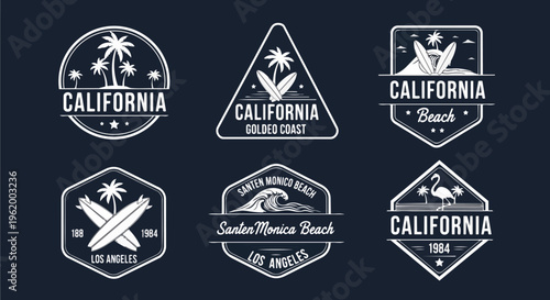 Modern Logos with Surfing Elements against Dark Background, perfect for travel brochures, surf shop branding, and event posters.