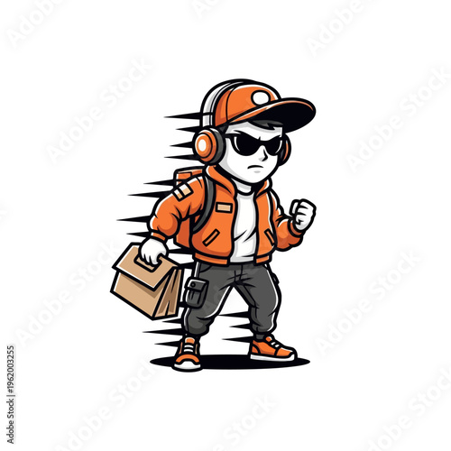 Dynamic delivery boy with package, wearing headphones and sunglasses, in a hurry.
