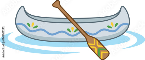 Decorative canoe with paddle, water ripples, traditional boat design, outdoor adventure, cultural art, nature theme, flat vector illustration
