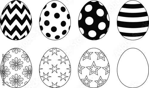 Decorative Easter eggs, zigzag pattern, polka dots, striped egg, floral design, star outline, holiday craft icons, flat vector illustration