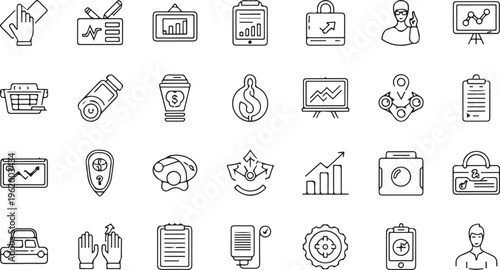Flat lay collection of black and white business and finance icons on gray background for marketing and infographics