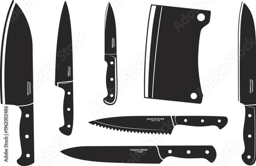 Chef knife silhouette, carving knife icon, paring blade vector, cleaver artwork, serrated bread knife, utility knife, flat kitchen illustration