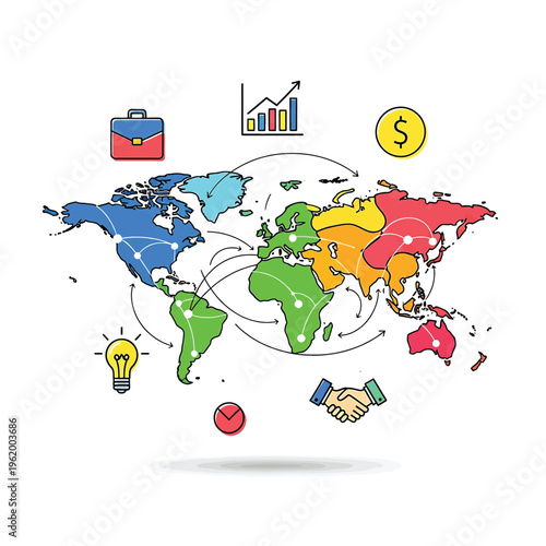 Global Business Finance World Map Icons.
