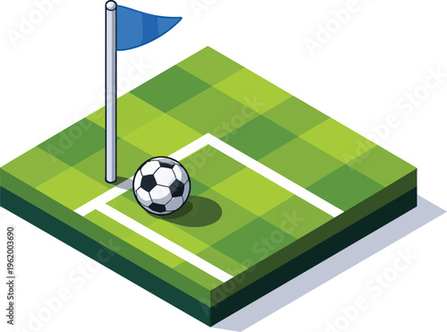 Isometric soccer ball on corner kick field, 3d football pitch with blue flag, green grass stadium vector illustration