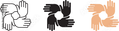 Teamwork collaboration icon, hands together around center symbol, unity cooperation mutual support concept for corporate projects business teamwork
