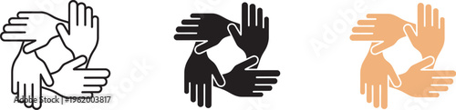 Teamwork collaboration icon, hands together around center symbol, unity cooperation mutual support concept for corporate projects business teamwork