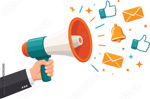 Digital marketing megaphone vector, hand holding bullhorn with social media icons, online advertising concept art