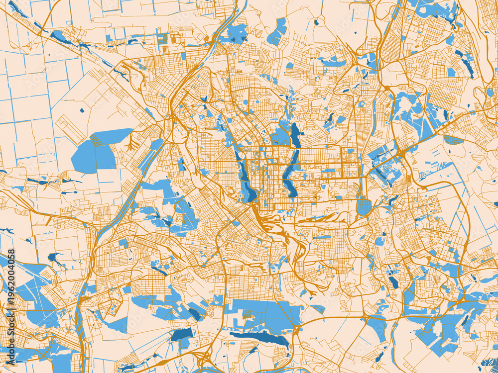 Fototapeta premium City layout poster — Donetsk, Ukraine – cream map with golden roads