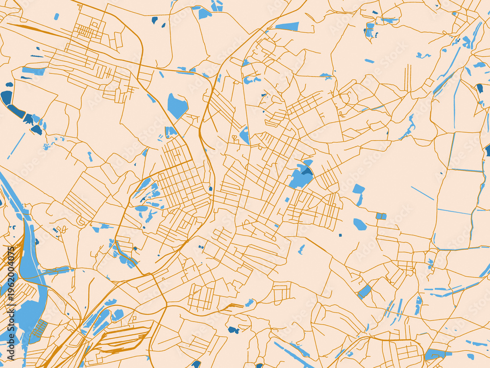 Obraz premium City map of Kadiyivka, Ukraine — warm cream background with golden road lines and bright blue water in a clean flat cartographic style