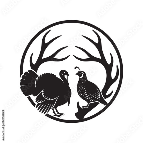 A black and white circular emblem featuring a wild turkey and a quail framed by deer antlers