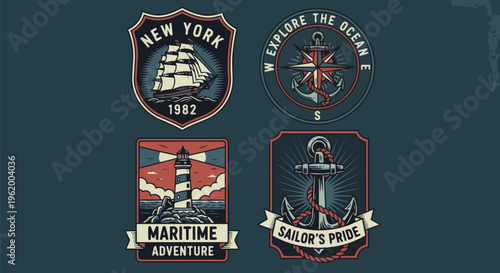 Vibrant Badges with Detailed Nautical Elements against a Dark Background ideal for logo design, t-shirt prints, and poster creation.