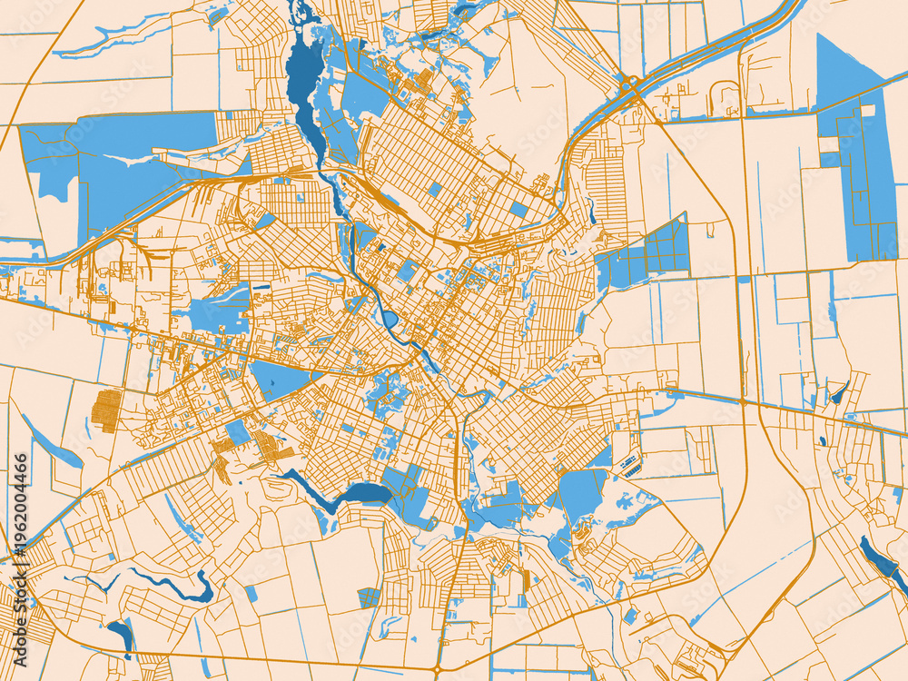 Naklejka premium Street map of Kropyvnytskyy, Ukraine in mustard-gold streets on cream