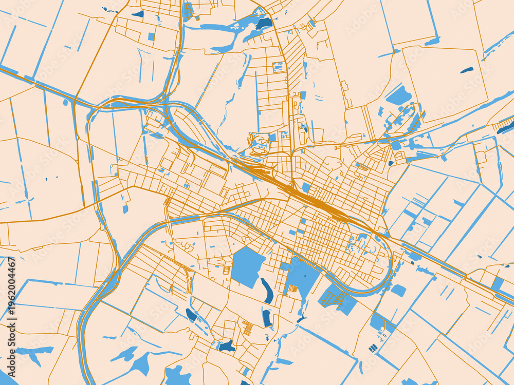 Fototapeta premium City map of Lozova, Ukraine – golden linework with blue water