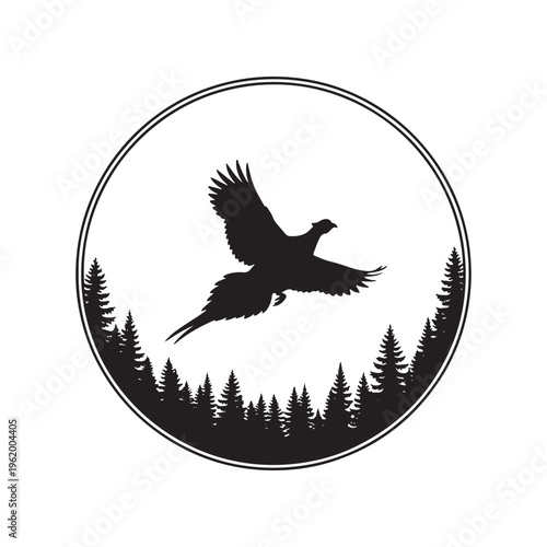 A black and white silhouette graphic of a pheasant bird flying over a dense coniferous forest