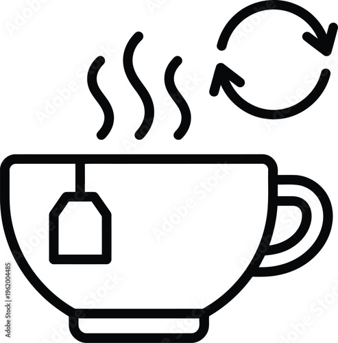 Simple line art of a steaming tea cup with a tea bag and a circular refresh symbol above it