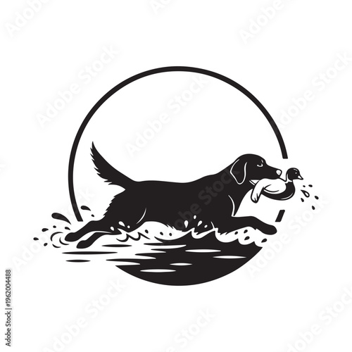 Black and white silhouette of a hunting labrador retriever carrying a duck in the water circle