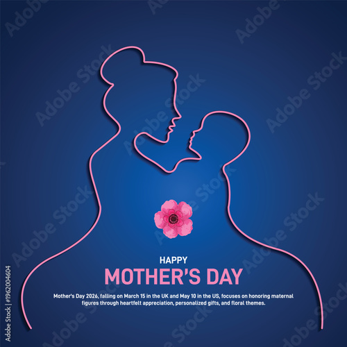 happy mother's day 2026. mothers day concept poster, banner, postcard, social media post, template, background, backdrop, greetings card, web banner, cover design etc.