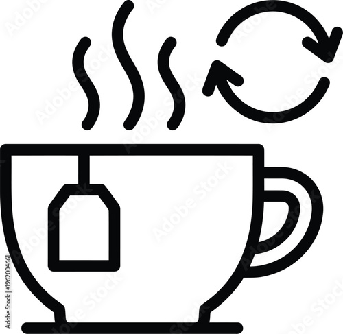 Steaming teacup with tea bag and recycling symbol vector graphic