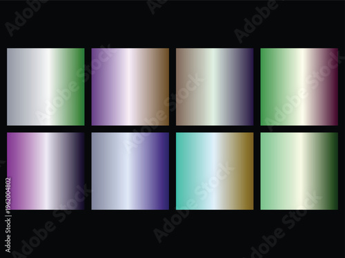 Eight distinct rectangular gradient swatches showcasing smooth color transitions from light to dark and vice versa with metallic