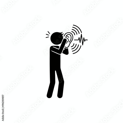 Flat Black Vector Icon Of A Man Covering His Ear Due To Sudden Sharp Earache Or Hearing Trouble