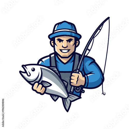 Happy Fisherman with Fresh Catch and Fishing Rod.