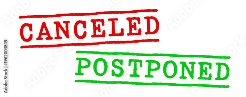 Text "Canceled" (US) and "Postponed" on red and green stamps
