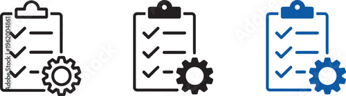 Project checklist icon, gear symbol with task list, workflow control task management concept for business planning process execution productivity systems