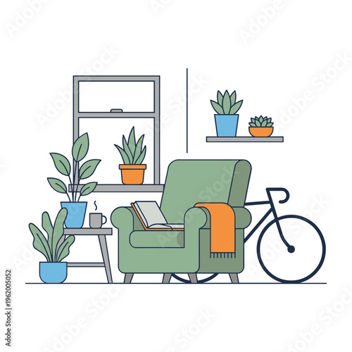 A green armchair with an orange blanket sits beside a bicycle in a cozy indoor setting with plants on shelves and a coffee table.