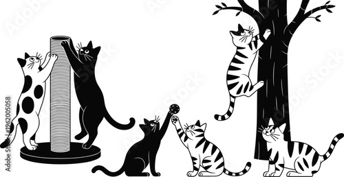 Playful cats scratching post, climbing tree, chasing ball, black and white feline illustration, cute kittens activity, flat vector illustration