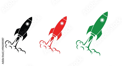 Colorful rockets launching upwards in a dynamic graphic silhouette