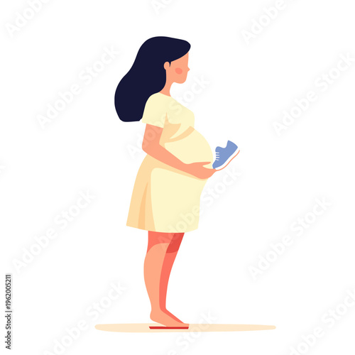 Pregnant Woman Belly Holding Shoe - Expecting Baby, Happy Motherhood, Pregnancy Announcement, Maternity Care, Anticipation, Parenthood Planning, Pregnancy Illustration