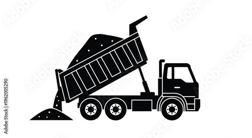 A black silhouette of a dump truck unloading materials silhouette
