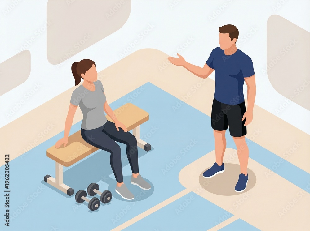 Fototapeta premium Personal trainer guiding a woman during a gym exercise session with dumbbells and a bench