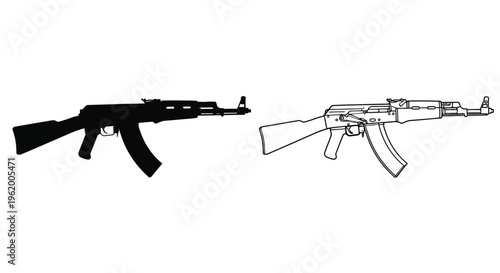 Two ak 47 rifles depicted in contrasting line art a dark silhouette