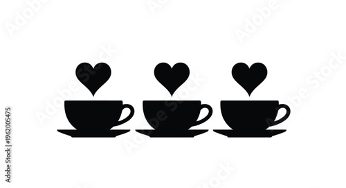 Three black coffee cups with heart shaped steam a striking silhouette