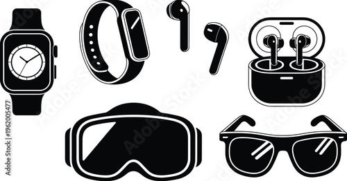 Smartwatch silhouette, fitness tracker icon, wireless earbuds, charging case, VR goggles, sunglasses, modern wearable technology, flat vector illustration