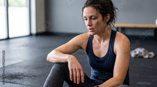 Dedicated athlete taking a well-deserved moment to recover on the sleek gym floor, body glistening with the hard earned efforts of a rigorous training