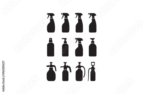 Collection of black silhouette spray bottles and cleaning tools displayed neatly