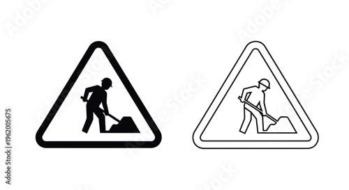 Road work ahead warning signs black and white triangular design silhouette